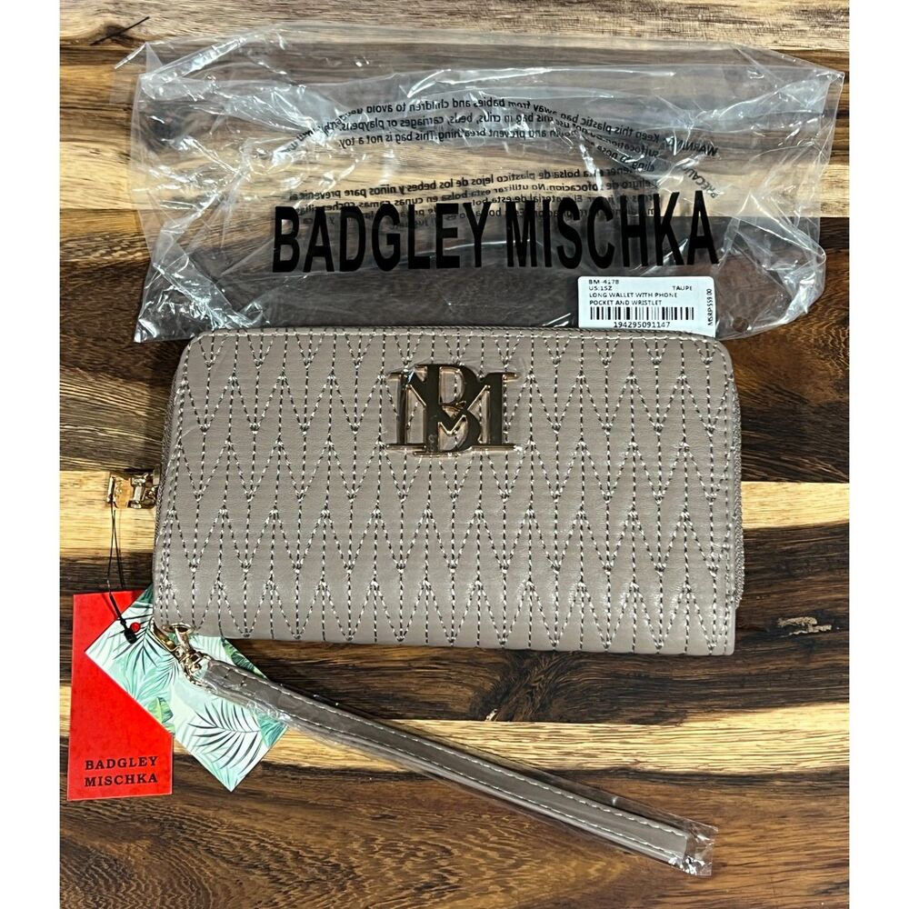 Badgley Mischka Taupe Long Wallet Wristlet Phone Pocket Vegan Leather NWT